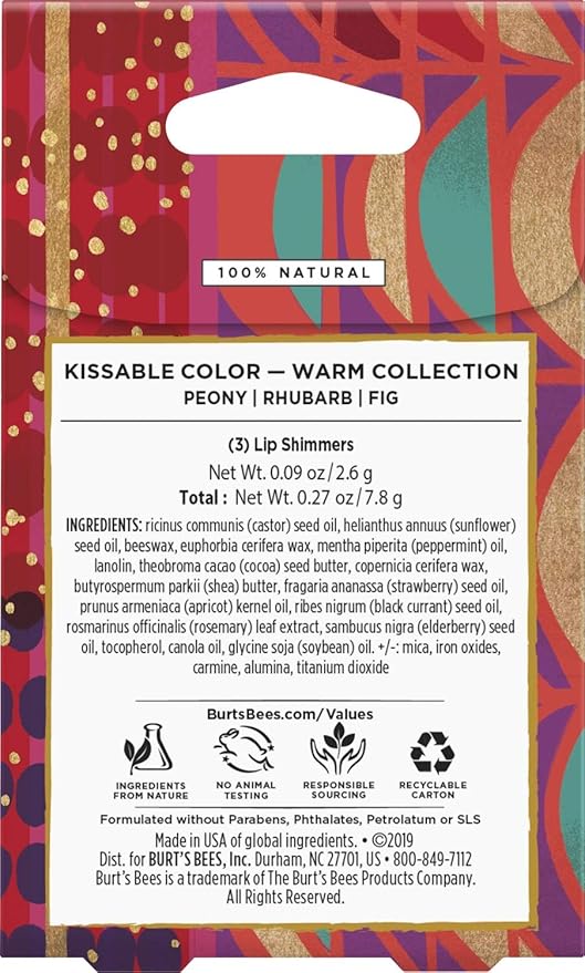 Burt's Bees Kissable Color Holiday Gift Set, 3 Lip Shimmers in Gift Box, Warm Collection in Peony, Fig & Rhubarb