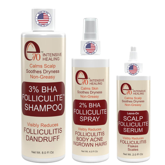 Folliculitis 3-Piece Set - Folliculitis Shampoo, Dry Scalp Serum & Body Spray with Salicylic Acid, Tea Tree Oil & Peppermint Oil - Soothes Itchy Scalp, Razor Bumps & Blemishes by e70