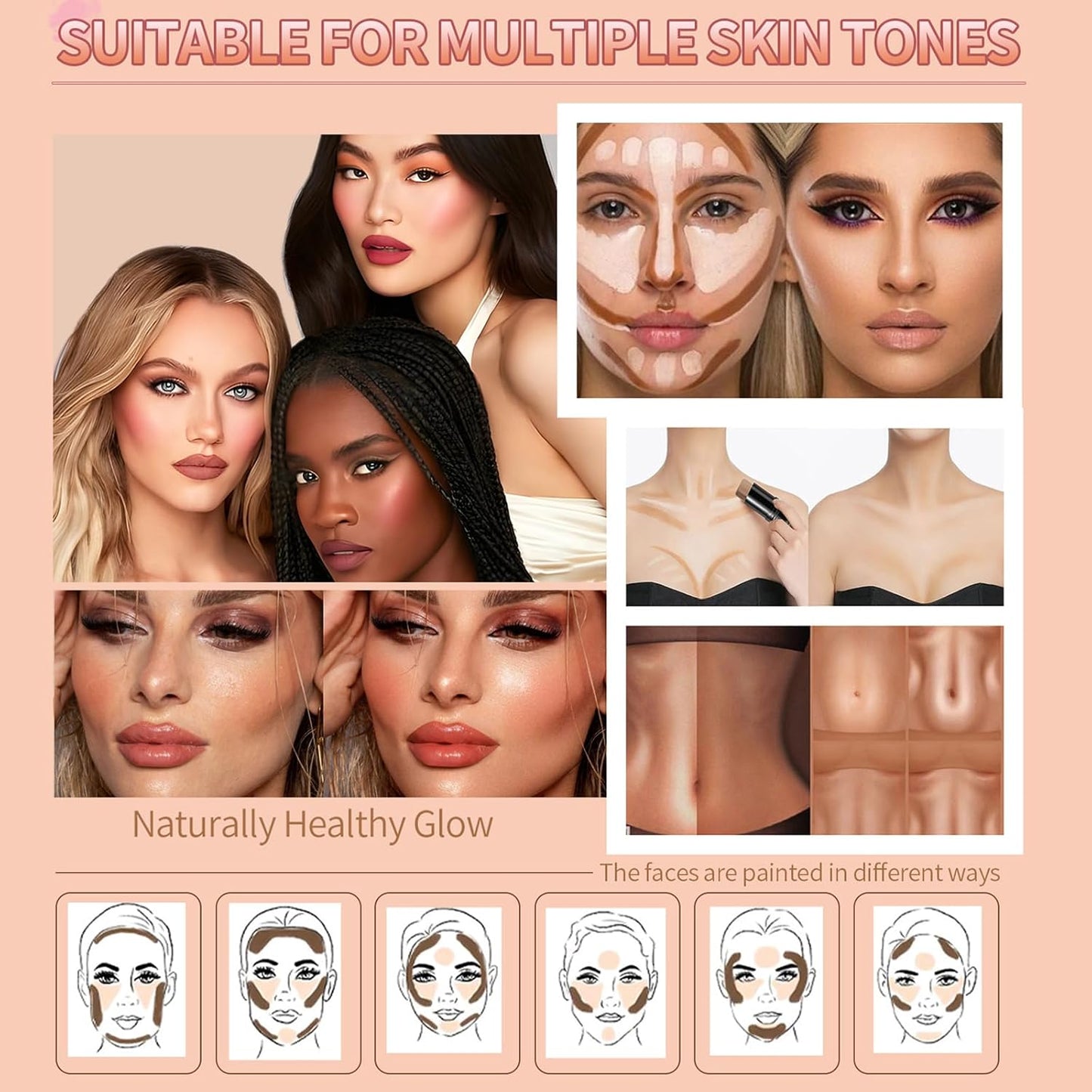 3pcs Face Contour Stick, Highlighter Stick Blush Stick Cream Contour Kit Makeup Set with Brush, Contouring Stick for Fair Skin, Concealer Stick Makeup Gift for Beginner Women Teen Girls