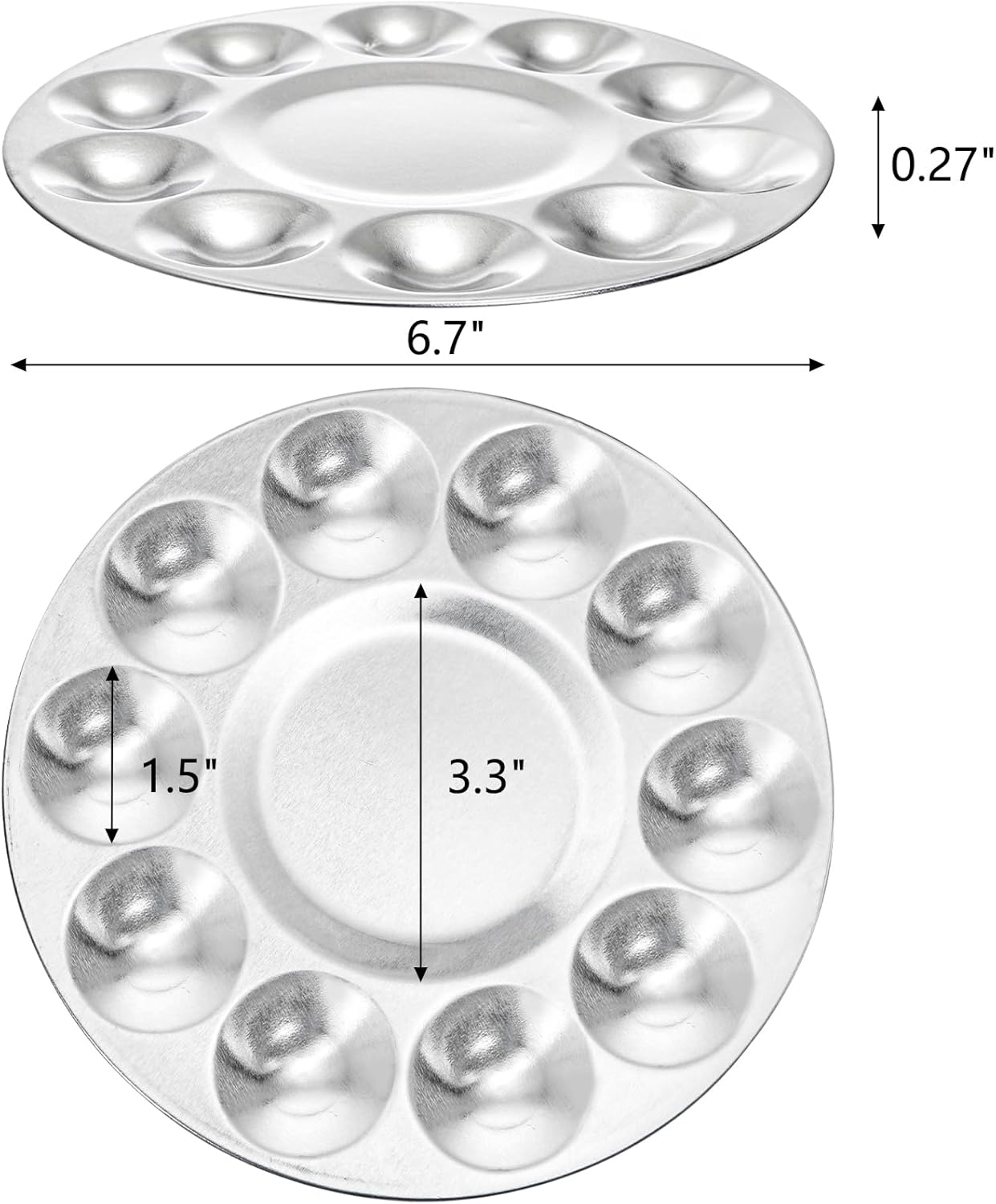 10 Pack Paint Tray Palettes, 6.7" Metal Paint Mixing Pallets, 10-Well Painting Palette, Washable Round Paint Holder Tray for DIY Craft Professional Watercolor Oil Art Painting Project, Silver