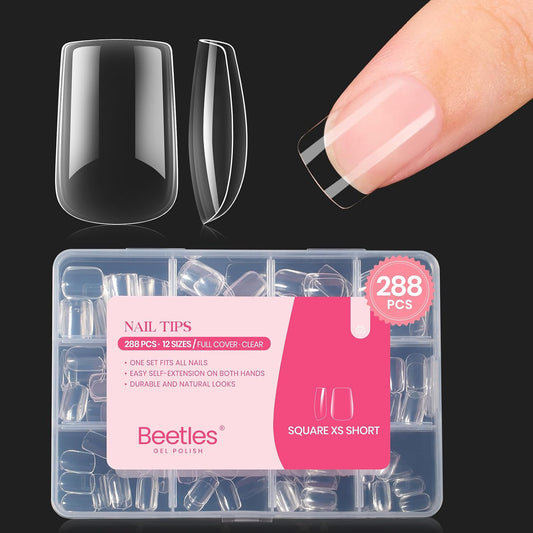 Beetles Gel Nail Tips XS Short Square Nail Tips, 12 Sizes 288 PCS Pre-Shaped Clear Full Cover False Nails Clear Acrylic Nails Glue on Nails for Girls Women Nail Art Design,Nail Glue Needed