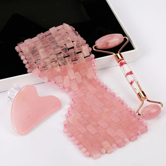 Rose Quartz Eye Mask & Face Roller and Gua Sha 3-in-1, Real Natural AAA Rose Quartz for Skin Care SPA Facial
