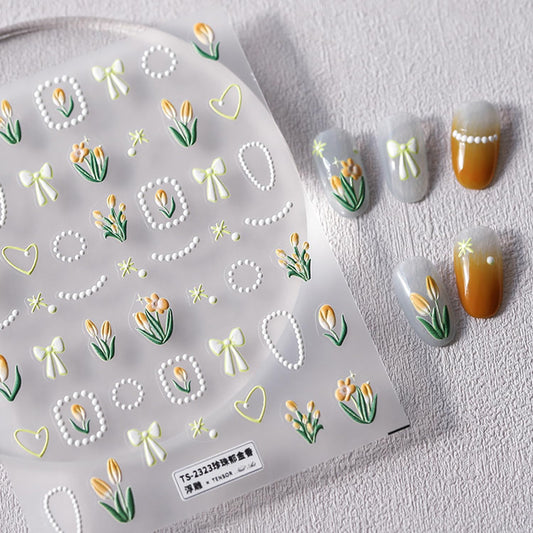 Flower Nail Stickers 5D Embossed Nail Art Stickers Decals Self-Adhesive Tulips Floral Bows Spring Summer Nail Art Design Decoration Accessories(1, Tupis)