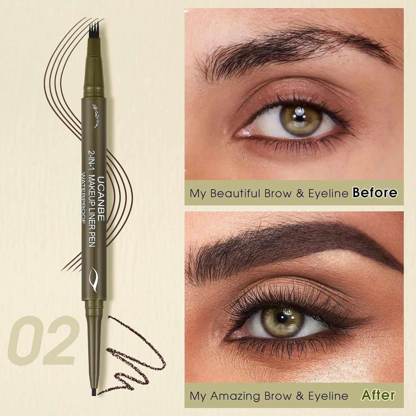 UCANBE Eyebrow Pen, Dual-Ended Eyebrow Pencil with 4-Fork-Tip & Gel Eyeliner for Women, Eye Brow Pen with Gel Eyeliner Pencil, Microblading Eyebrow Pencils with Hair Like Strokes, Classic Brown