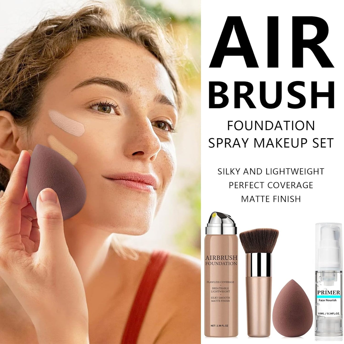AirBrush Silky Mist Foundation Spray Makeup With Primer and Brush, Full Coverage Foundation for Smooth Radiant Finish, Breathable Lightweight Hydrating (#2 Beige)