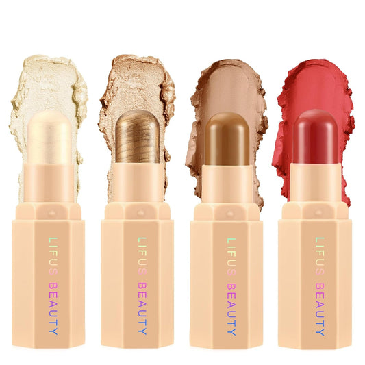 Face Cream Contour Stick Bronzer Stick Highlighter Stick Blush Stick Illuminator Makeup Glow Kit,Long Lasting Highly Piamented Skin Brighten Shadow Contour Bronzer Highlighter Blush Powder-A2