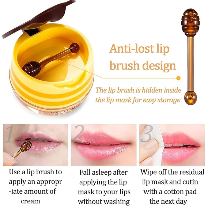 2 PCS Bee Lip Balm Honey Pot, Strawberry & Honey Lip Sleeping Masks Overnight, Hydrating Prevention Dry and Cracked Lip Scrubs Exfoliator Lip Care, Reduces Lip Lines
