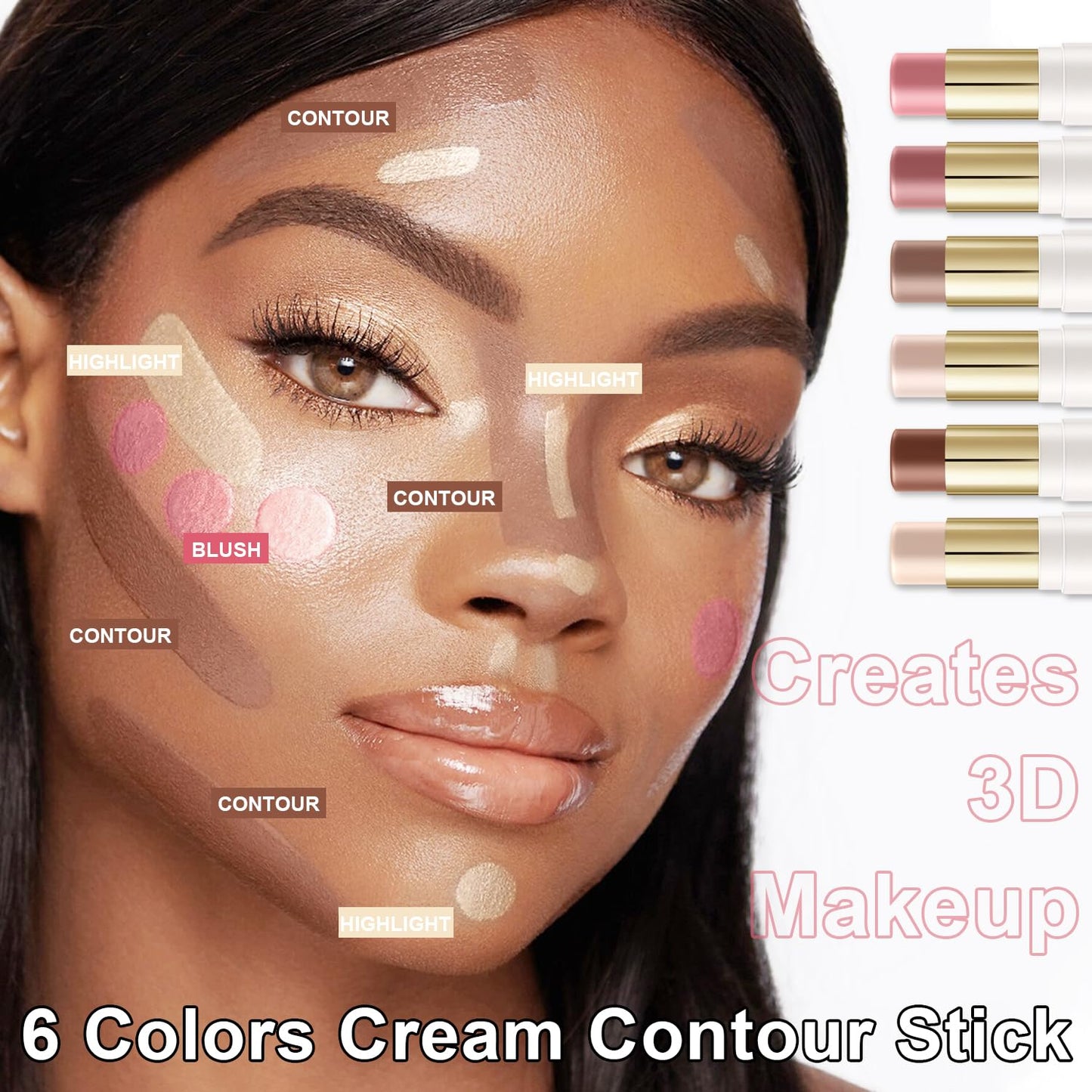 6 Colors Cream Contour Stick Makeup Contour Kit,Double-ended Cream Bronzer Stick for Sculpt, Highlighter Stick,Cream Blush Stick,Lightweight Contour Makeup Kit, Matte & Dewy Finish (SET A)