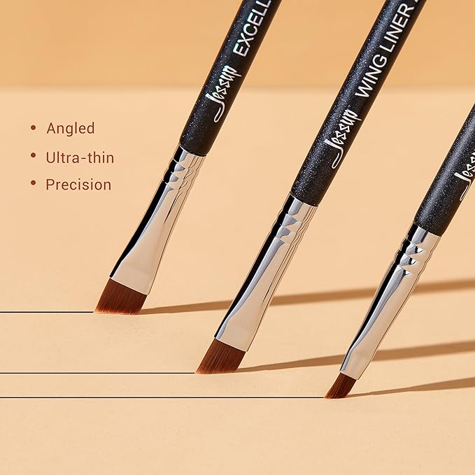 Jessup Angled Eyeliner Brush Set，3pcs Pro Precision Eye Liner Brush Fine Winged Ultra Thin Slanted Gel Liquid EyeLiner Makeup Brushes, Black T345