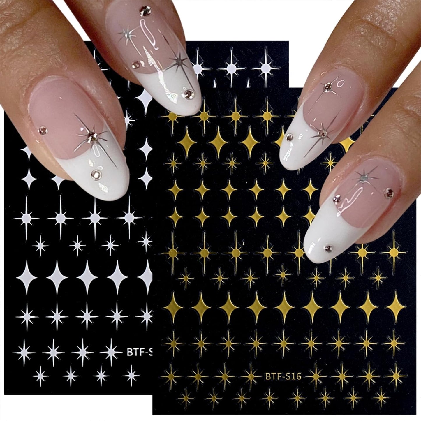 3D Self-Adhesive Star Nail Art Stickers - 12 Sheets Silver Gold Black White Decals for Acrylic Nails - Nail Design Supplies for Women Girls