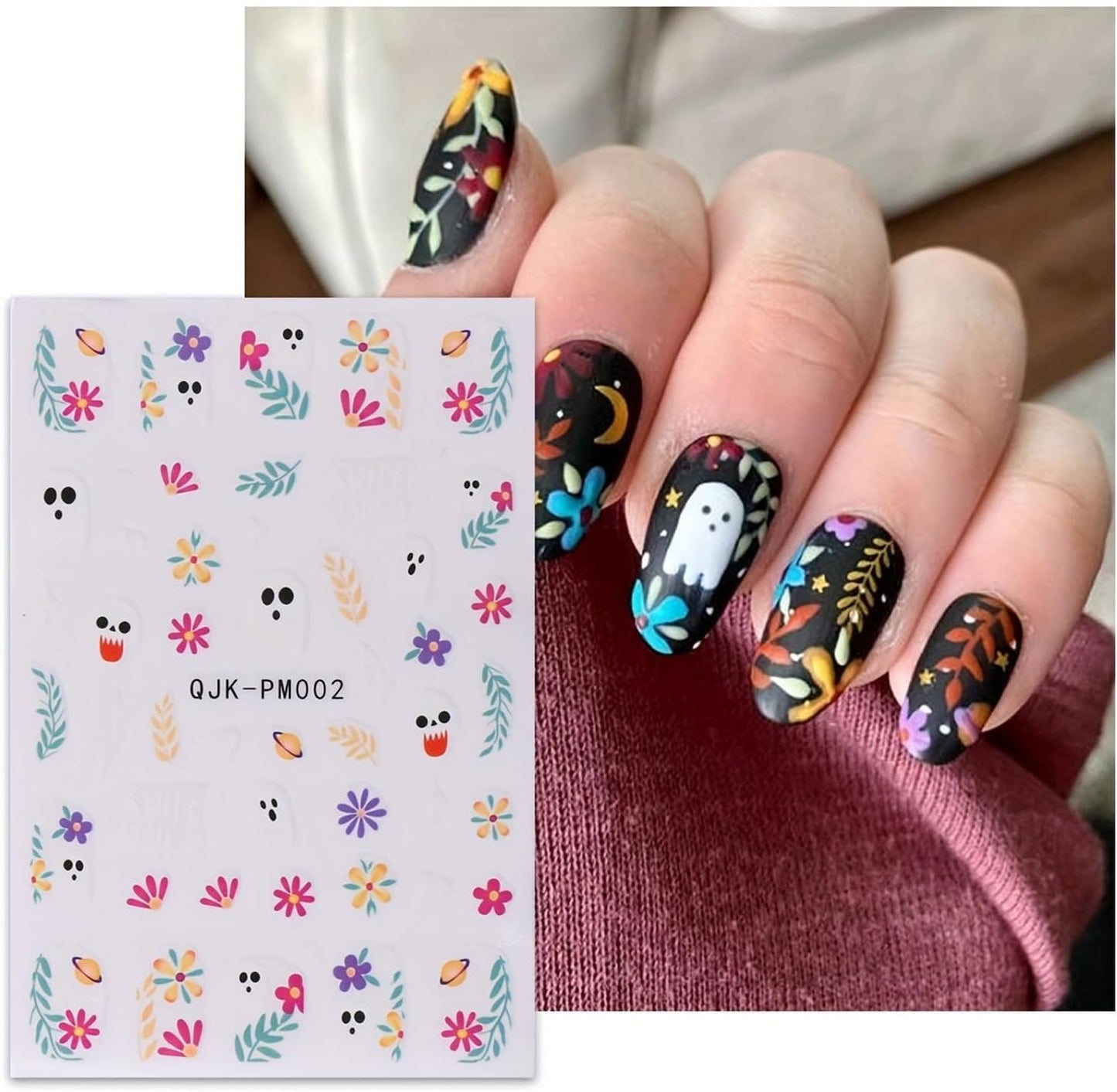 Halloween Nail Art Stickers 8 Sheets Cute Ghost Pumpkin 3D Self-Adhesive Nail Decals Q-Version Horror Movie Characters Skull Spider Web Nail Decorations Fall DIY Nail Supplies for Women Girls&Kids