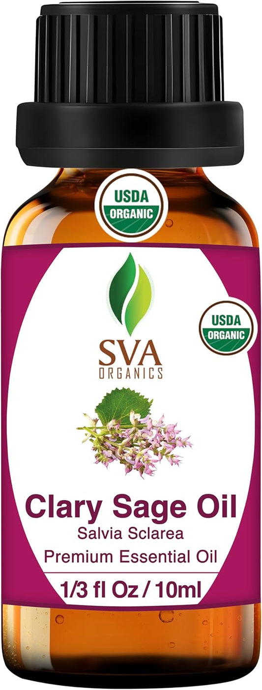 SVA Clary Sage Essential Oil Organic – 1/3 Fl Oz – 100% Natural Organic Clary Sage Oil - for Diffuser, Hair Care, Face, Skin Care, Aromatherapy, Scalp and Body Massage, Soap and Candle Making