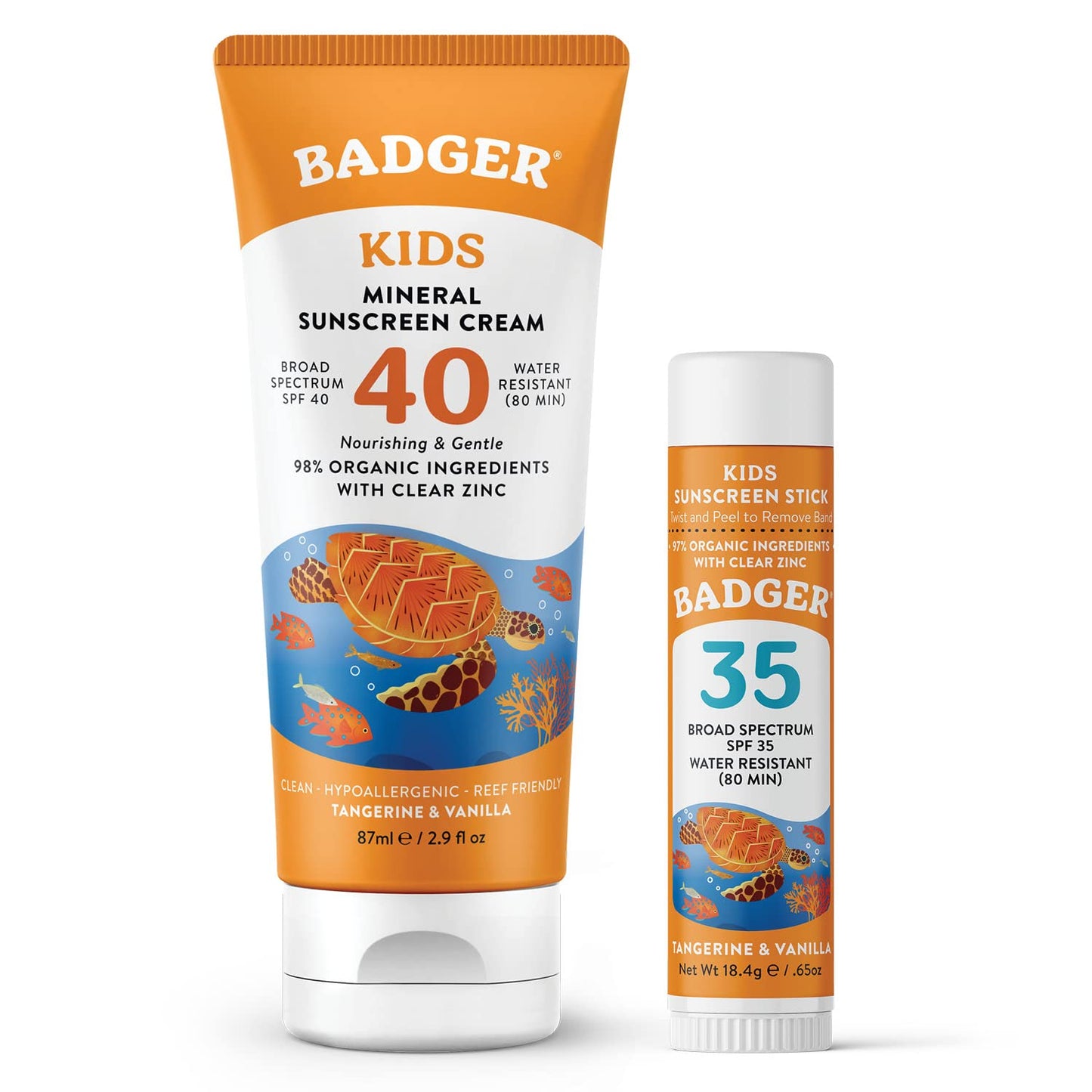 Badger Kids Mineral Sunscreen Combo, SPF 40 Cream + SPF 35 Kids Face Stick, Organic Sunscreens w/Mineral Zinc Oxide, Water Resistant, Reef Safe Broad Spectrum, Tangerine & Vanilla Scent, 2-Count