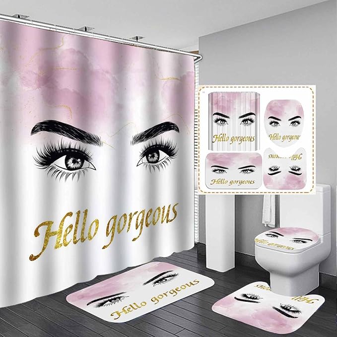 4PCS Hello Gorgeous Eyelash Shower Curtain Set, Gold Glitter Quotes Black Eyebrow Makeup Pink Marble Glam Modern Fashion Girly Women Bathroom Decor, Non-slip Bath Mat Toilet Rug, Charming Eyes
