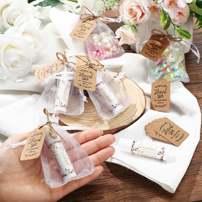 Demissle 50 Pcs Bridal Shower Lip Balm Gift Set with 100 Pcs Organza Bags Thank You Tags 20 Meters Rope wedding Party Favor for Guest Favors Gift Party Decoration Souvenirs(Floral)