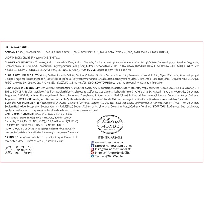 Gift Baskets , Spa Gifts for Women, 8pcs Honey Almond Bath Gift Set for Women, Relaxation Self Care Spa Kit W/Bath Bomb, Bubble Bath, Mom Birthday Gifts, Christmas Gifts Thank You Gifts