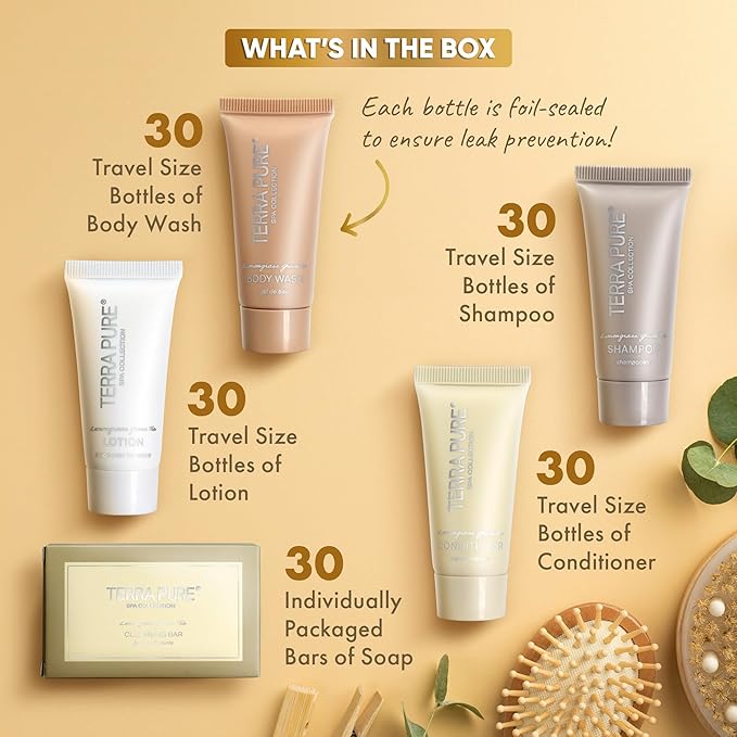 Terra Pure Spa Collection Bulk Set Toiletries | 1-Shoppe All-In-Kit Amenities for Hotels & Airbnb | 0.85 oz Hotel Shampoo & Conditioner, Body Wash, Lotion & Cleansing Bar Travel Size Tubes| 150 Pieces