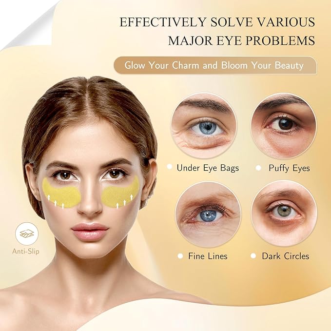 Under Eye Patches, Gold Eye Masks for Dark Circles and Puffiness Anti-Wrinkle Moisturizing Anti-Aging Under Eye Bags Skin Care Treatment Pads Revitalizes & Tightens Eye Area(60PCS)