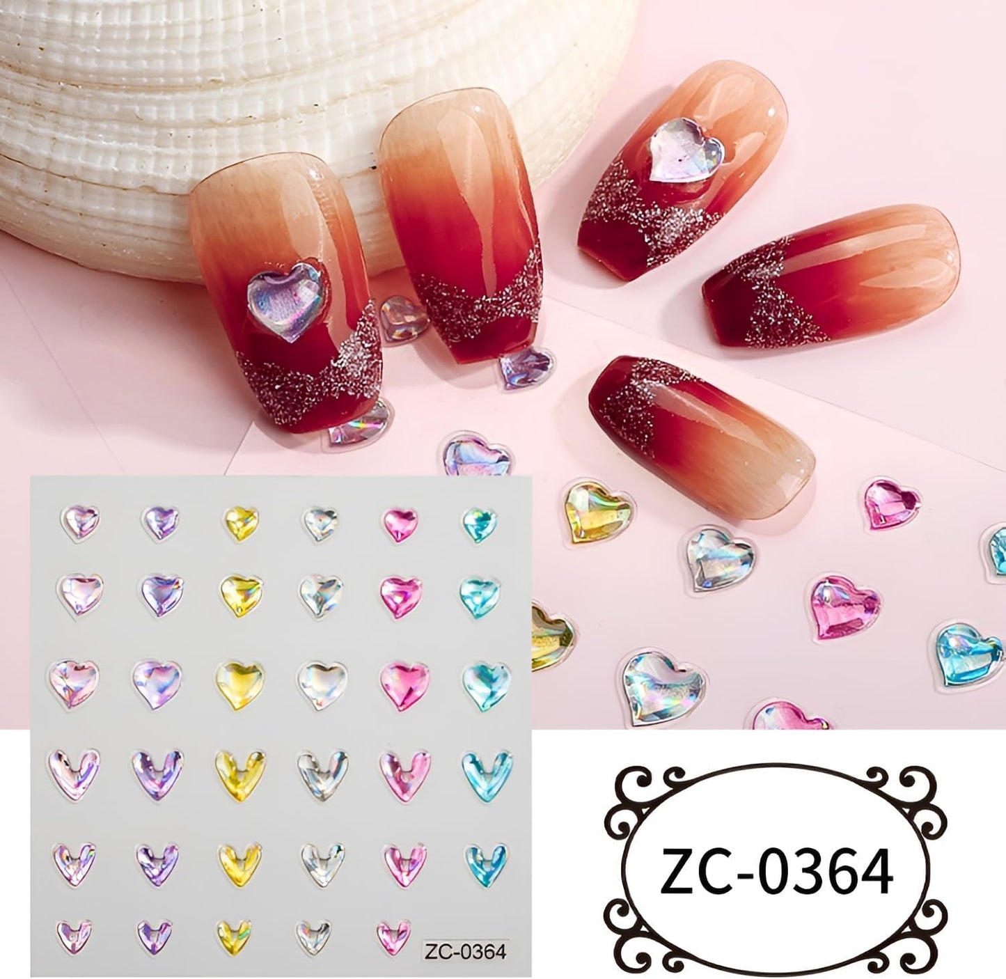 8Sheets 5D Embossed Valentine's Day Heart Nail Art Stickers - Blue Pink Aurora Gold Decals for Women Girls - Cute Nail Supplies