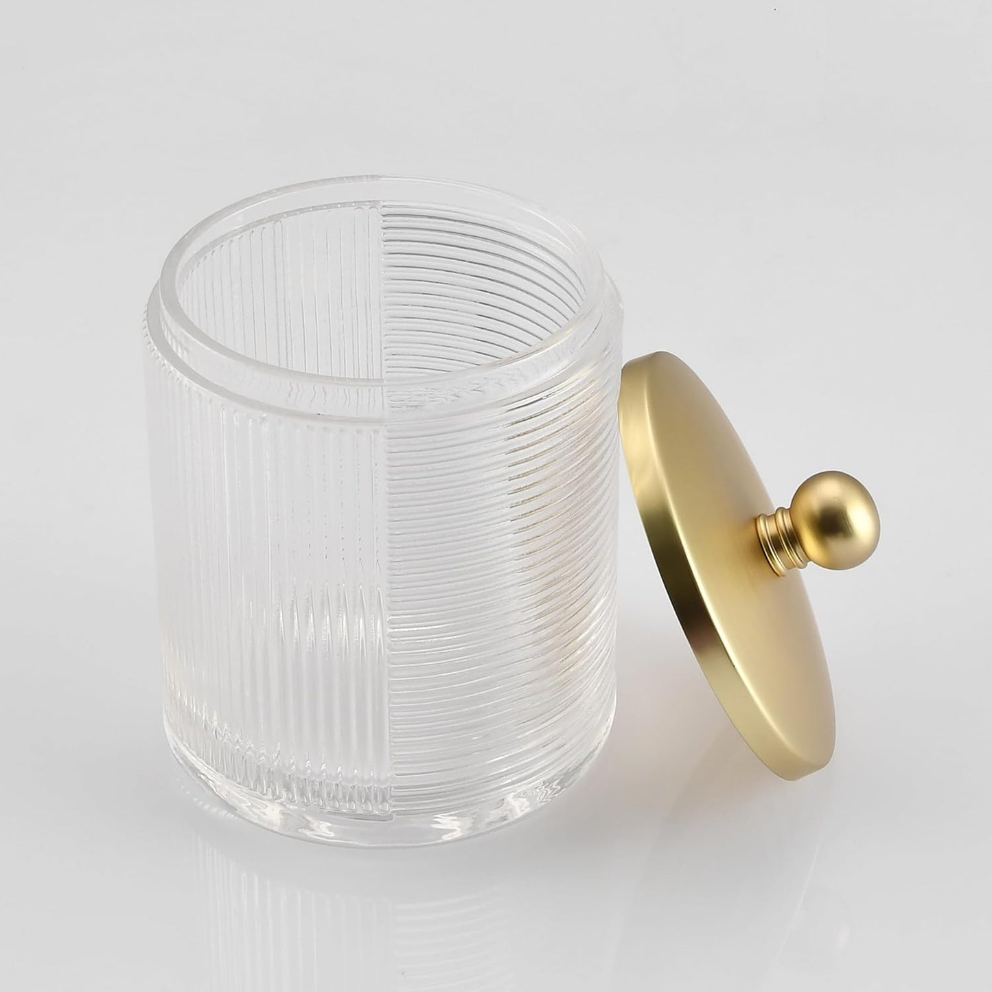 Glass Cotton Jar Holder Matte Gold Lid, Elegant Bathroom Storage Canister for Qtips, Cotton Balls, Floss, Makeup Organizer, Vanity Bathroom Organization
