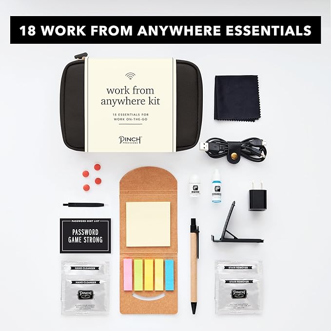 Pinch Provisions Work from Anywhere Kit, Includes 18 Essentials to Help You Stay on Task, Must-Have Essentials, Compact Multi-Functional Vegan Leather Pouch, Black