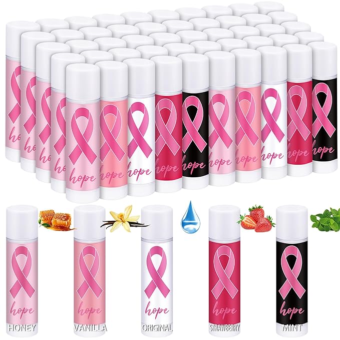 50 Pack Breast Cancer Awareness Favors Bulk Lip Balms Gifts Pink Ribbon Lip Balms Favors Breast Cancer Awareness Month Accessories Support Party Items Decorations for Women Men Survivors