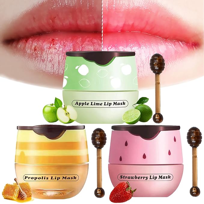 3PCS Lip Balm Honey Pot, Honey Pot Lip Balm for Dry Cracked Lips, Strawberry Lip Balm Scrubs Exfoliator & Moisturizer, Hydrating Lip Balm Honey Pot with Wand, Lip Sleeping Mask (3pcs)