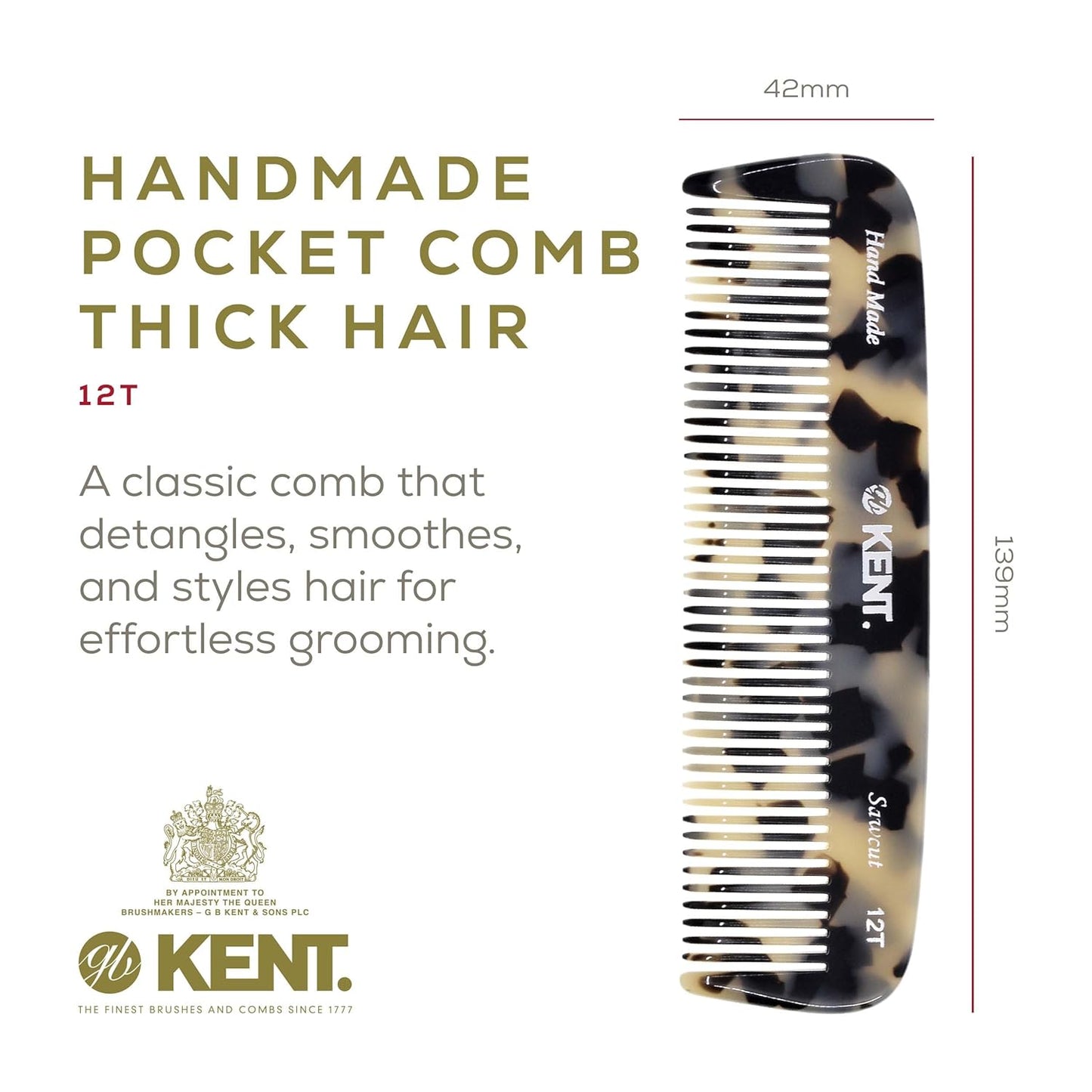 Kent 12T TW Wide Tooth Detangling Comb - Handmade Pocket Comb for Thick, Curly, and Wavy Hair Grooming - Large Tooth Detangler for Hair, Beard, and Mustache