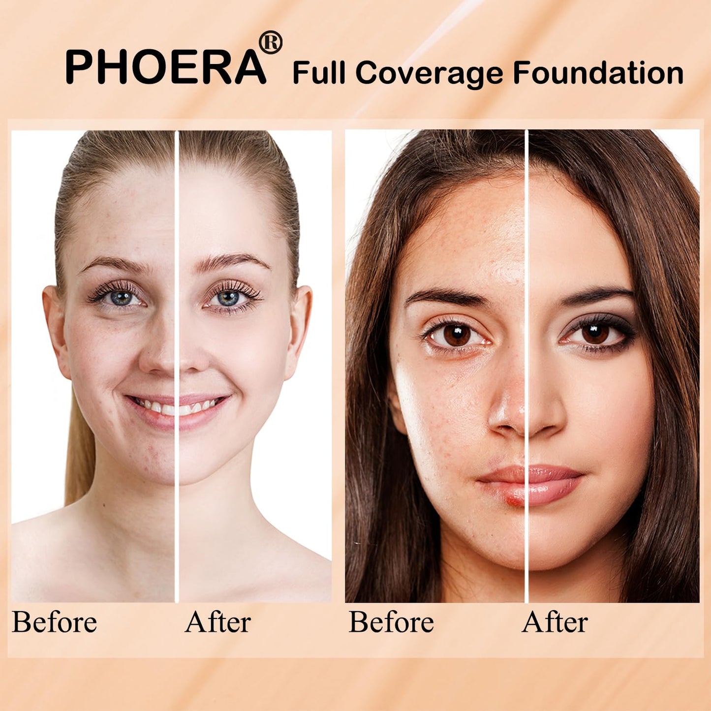 PHOERA Foundation, PHOERA Matte Liquid Foundation,PHOERA Makeup for Women, PHOERA Foundation Full Coverage Concealer, 30ml 24HR Matte Oil Control Concealer (103+104/Warm peach+Buff Beige)