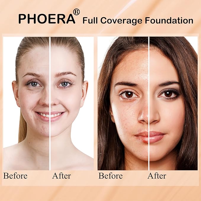 PHOERA Foundation Makeup for Wome Full Coverage Foundation Set,Face Primer Foundation Brush Powder Brush,5 Makeup Sponge,30ml PHOERA 24HR Matte Oil Control Concealer (111 Chestnut)