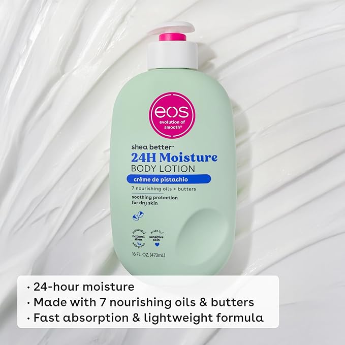 eos Shea Better Body Lotion- Crème de Pistachio, 24-Hour Moisture Skin Care, Lightweight & Non-Greasy, Made with Natural Shea, Vegan, 16 fl oz