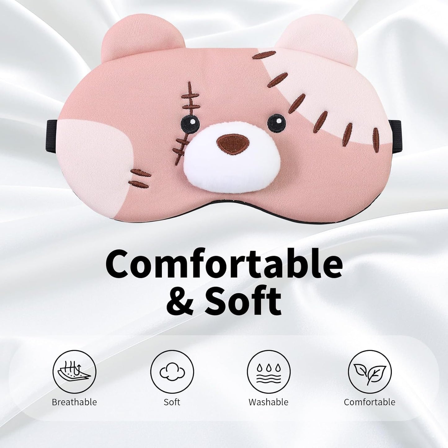 PERFECTSIGHT Sleep Eye Masks, Cute Plush Sleep Eye Cover Lightweight Adjustable Eyeshade Faux Fur Mask Cover for Women Men Kids Sleep Travel Nap, Big Eye Girl, Purple Nose, Brown Pudding Bear