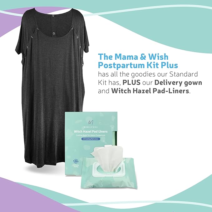 Postpartum Care Kit for Mom (14-Piece) - Includes Labor and Delivery Gown, Peri Bottle, Witch Hazel Foam, Pad Liners & More! with Hospital Essentials for Women After Birth