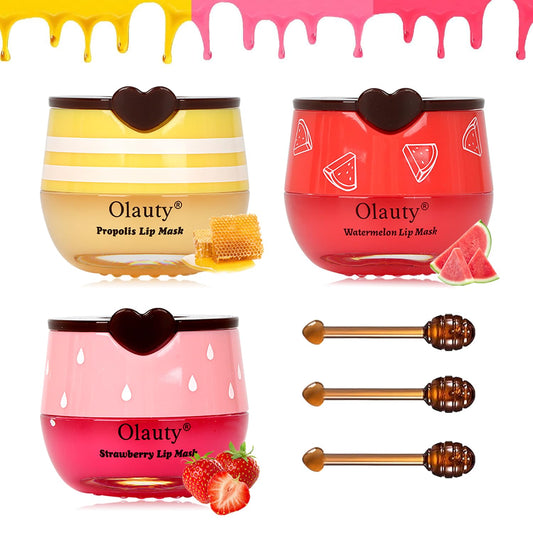 3 PCS Bee Lip Balm Lip Mask Honey Pot,Strawberry&Honey&Watermelon Lip Sleeping Mask,Hydrating Prevention Dry Lip Care,Moisturizing Lip Mask Overnight Reduces Lip Lines