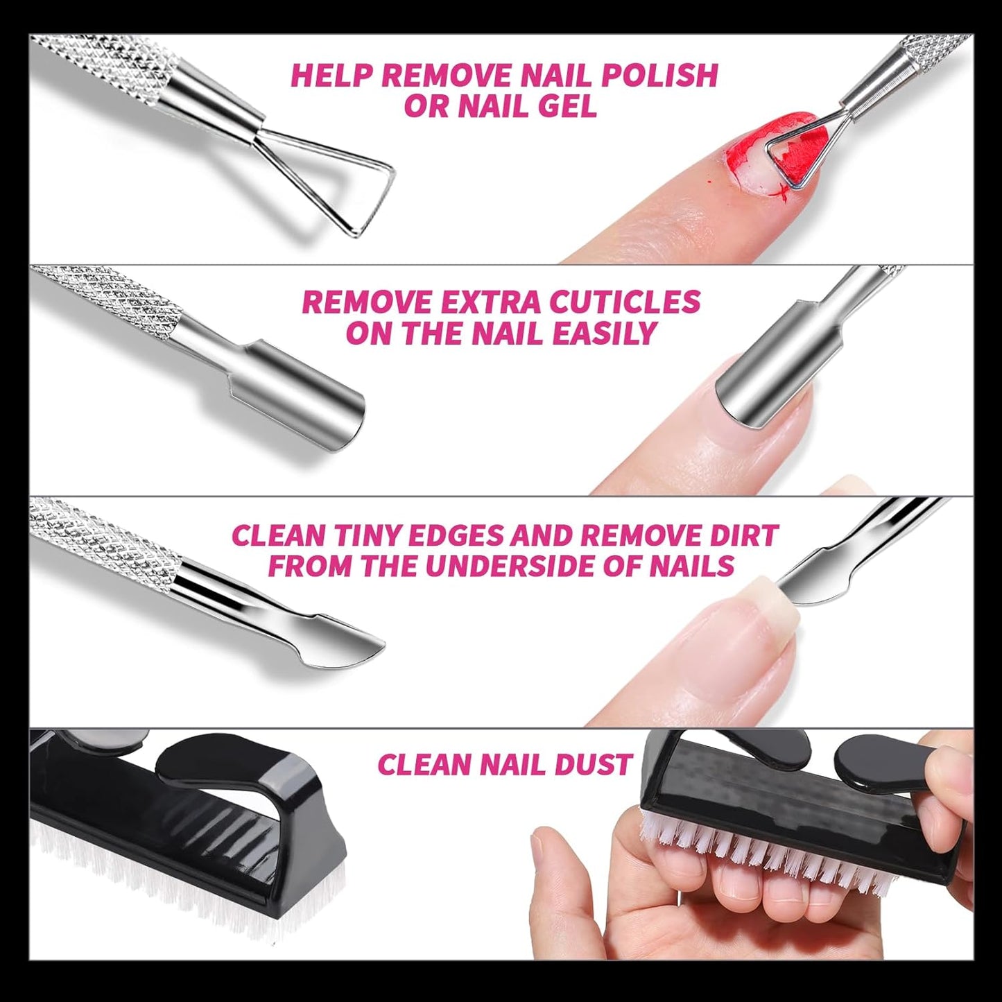 FANDAME Gel Nail Polish Remover Tools Kit, 10 PCS Nail Polish Remover Clips Black, 100ml Nail Polish Remover Bottle, 500PCS Cotton Pad, Nail Brush, Cuticle Pusher, Nail File, Buffer Block Tools kit