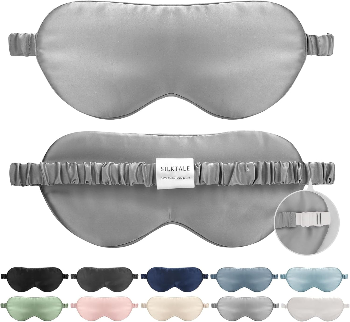 100% Mulberry Silk Eye Mask for Sleeping with Silk Wrapped Adjustable Strap,Silver Gray