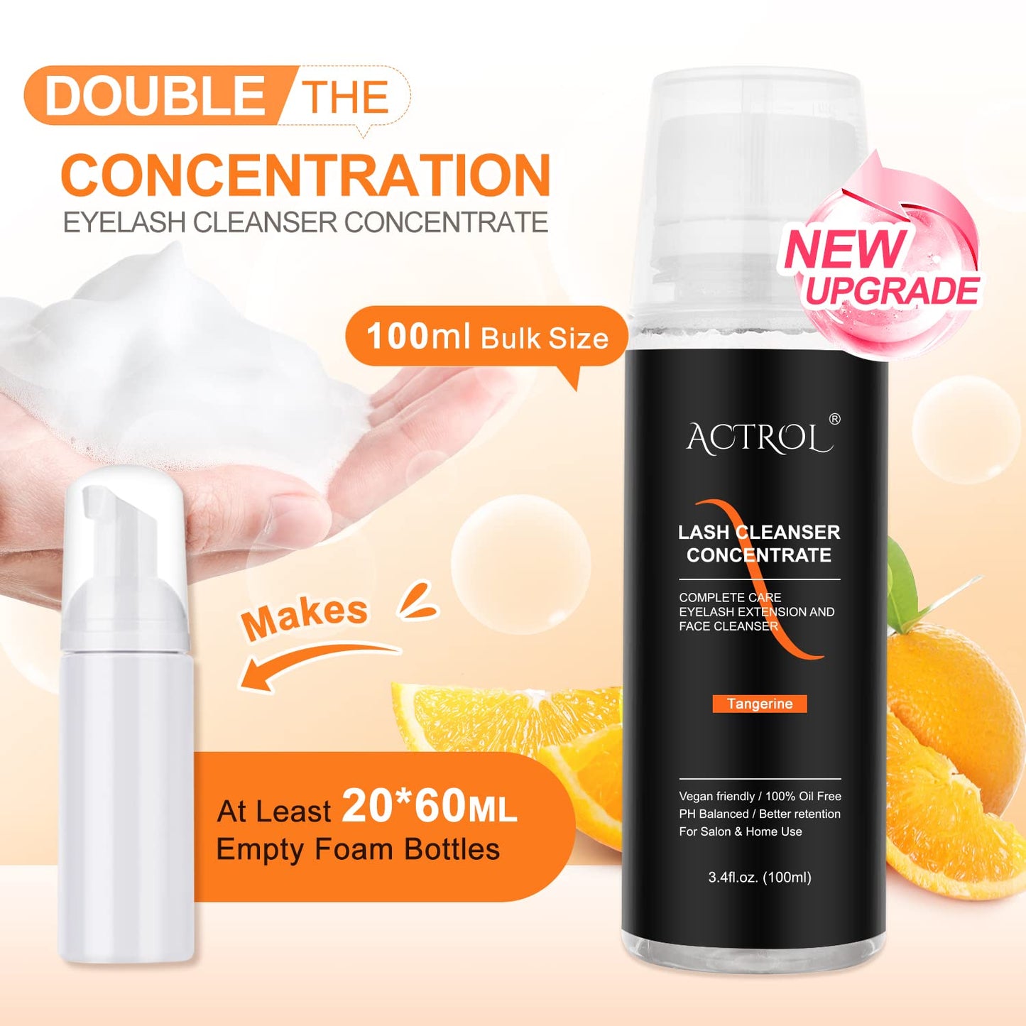 Eyelash Cleanser Concentrate 100ml Tangerine Professional Lash Shampoo Foaming Cleanser Paraben & Sulfate Free Non-lrritating Wash for Extensions Lashes with Salon Home Care-Makes 20 Bottles