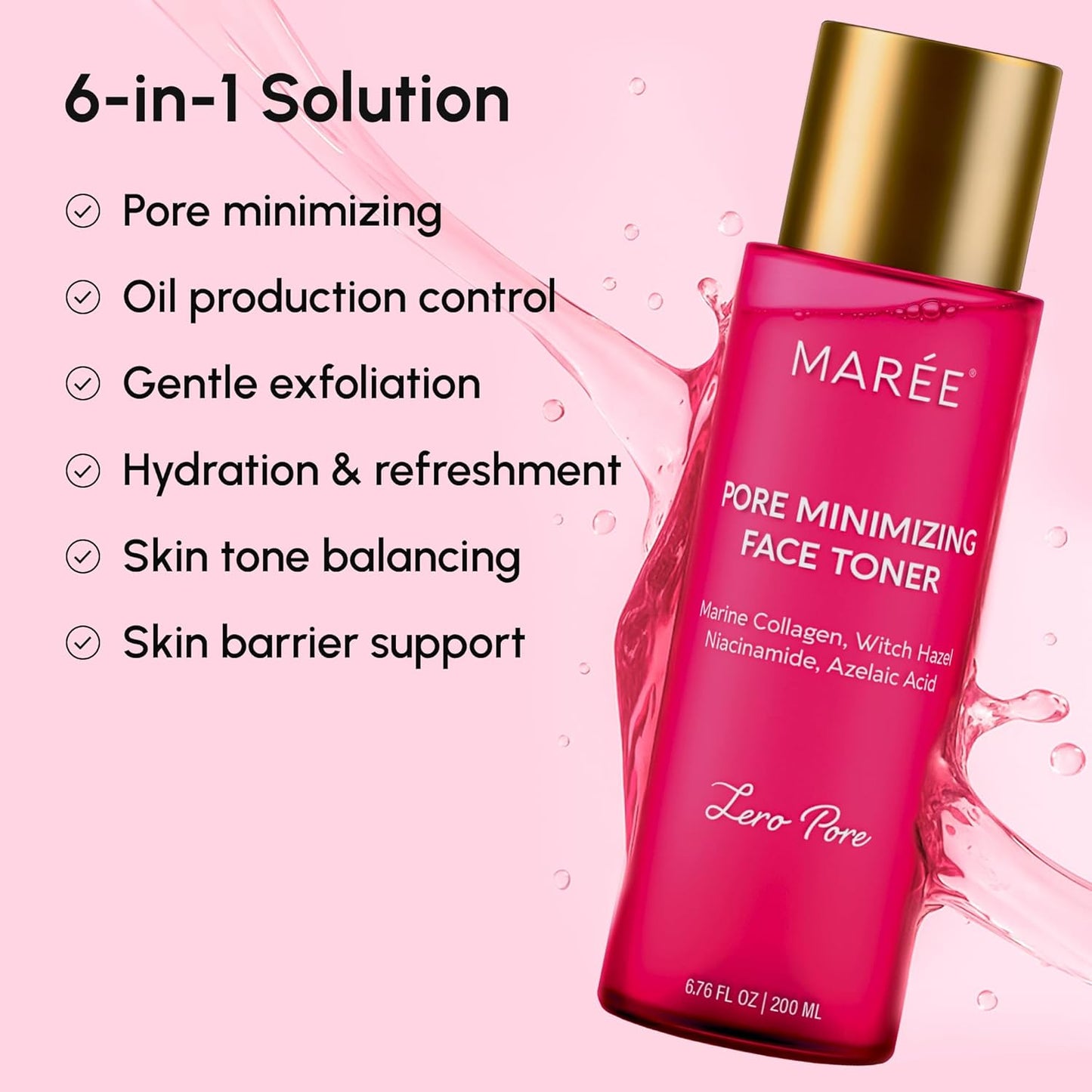 MAREE Pore Minimizer for Face Toner – Oil Control Facial Toner with Niacinamide, Witch Hazel & Marine Collagen – Gentle Exfoliating Face Toner for Women – Oily, Normal, Sensitive Skin – Tonico Facial
