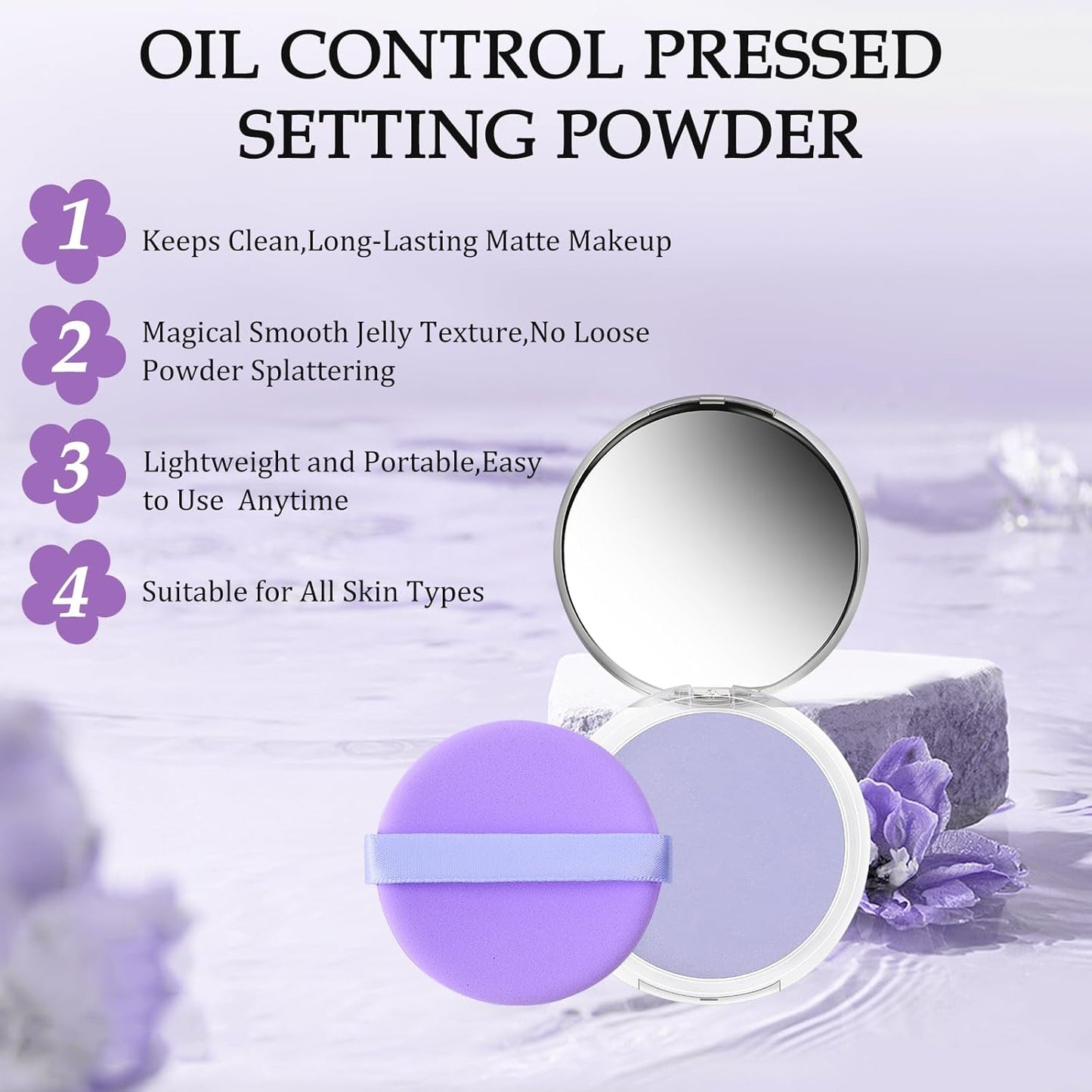 Chillab Lavender Matte Powder,Lavender Jelly Pressed Powder Matte Powder Oil Control,Chillab Polvo Compacto with Mini Powder Puff for Silky Blurring Oil Control Long-Lasting Makeup(2PCS) (1PCS)