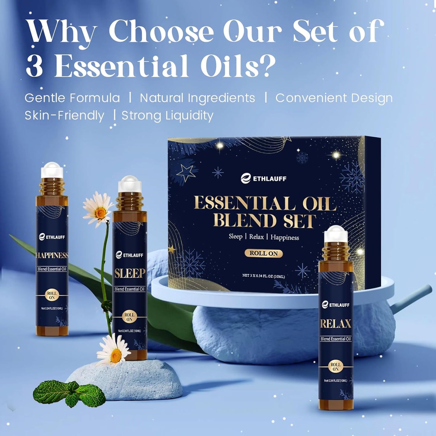 Essential Oil Roller Set, (Sleep, Relax, Happiness) Aromatherapy Roll On for Body Skin Care, Home - Natural Aromatherapy Gift, Relaxtion Gift, Stress Relief Gift for Women and Men