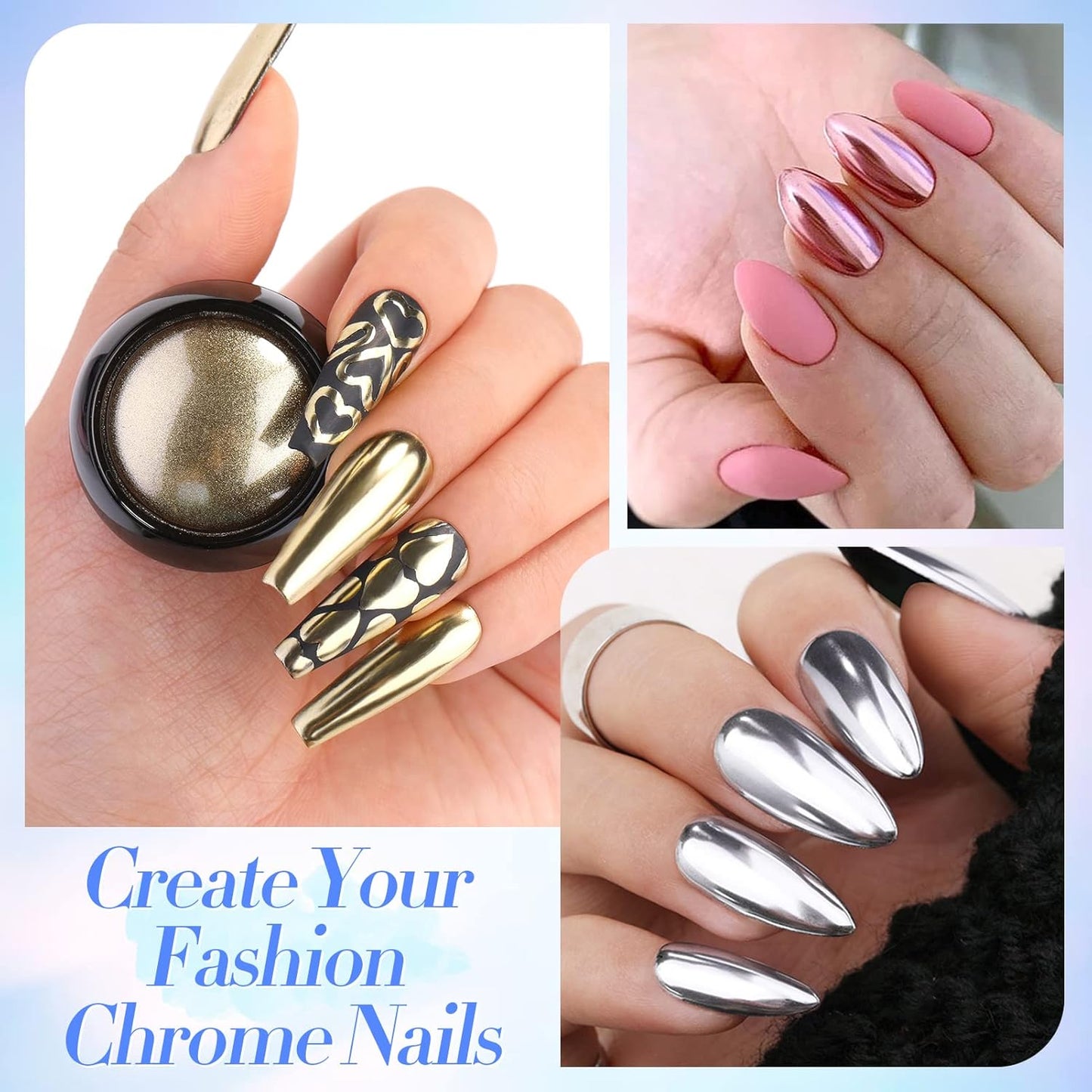 Born Pretty Mirror Chrome Nail Powder Set 12 Colors Metallic Mirror Effect Nail Powder Holographic Aurora Chameleon Pigment for Nail Art Gel Polish Mermaid Powder Decoration Sets