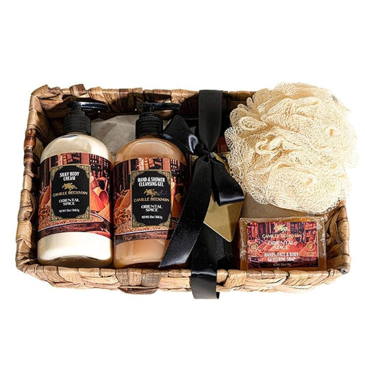 Camille Beckman Oriental Spice Essentials Gift Basket, Glycerine Hand Therapy 6 oz, Silky Body Cream 13 oz, Hand and Shower Cleansing Gel 13 oz, Glycerine Soap 3.5 oz, Bath Body Net, and Gift Basket