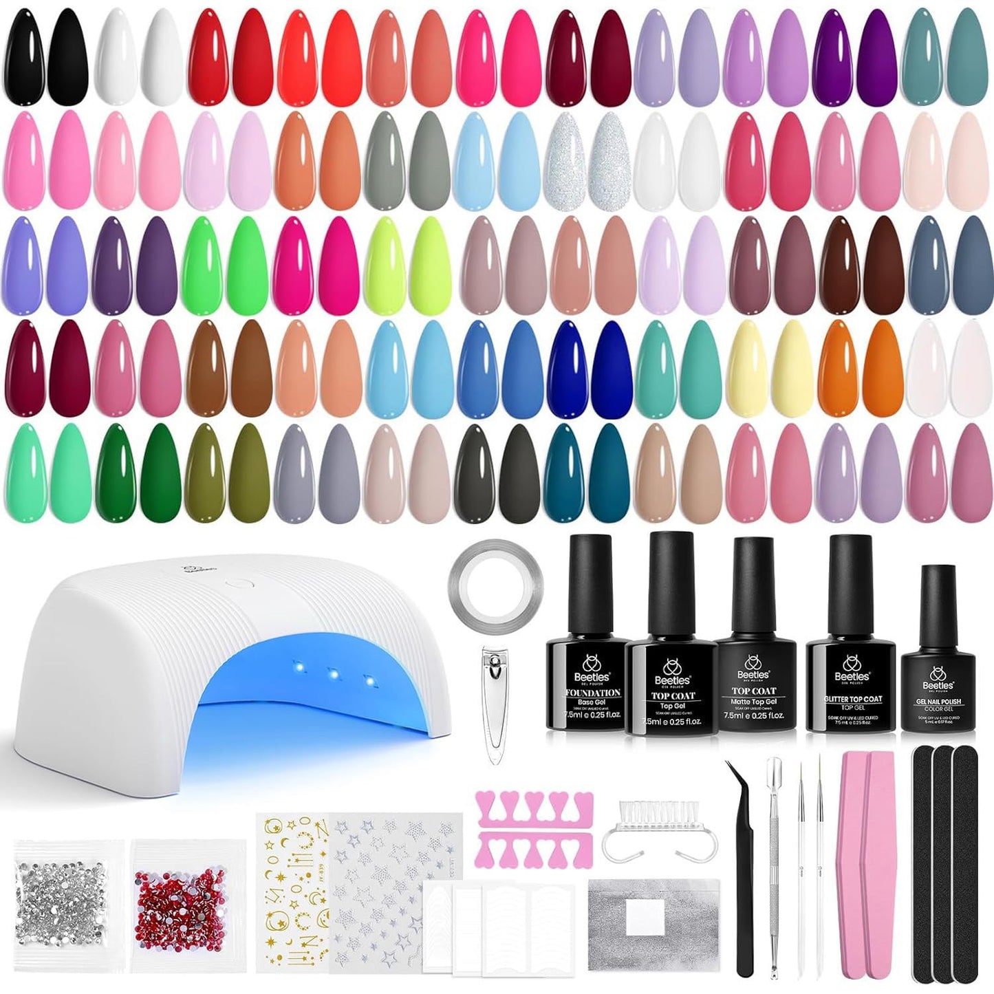 Beetles Gel Nail Polish Kit with U V Light - 55 Colors Gel Polish 80 Pcs Nail Kits with Base & Glossy Top Coat Soak Off DIY Salon at Home Beginner-friendly Nails Stuff Gifts for Women Girls