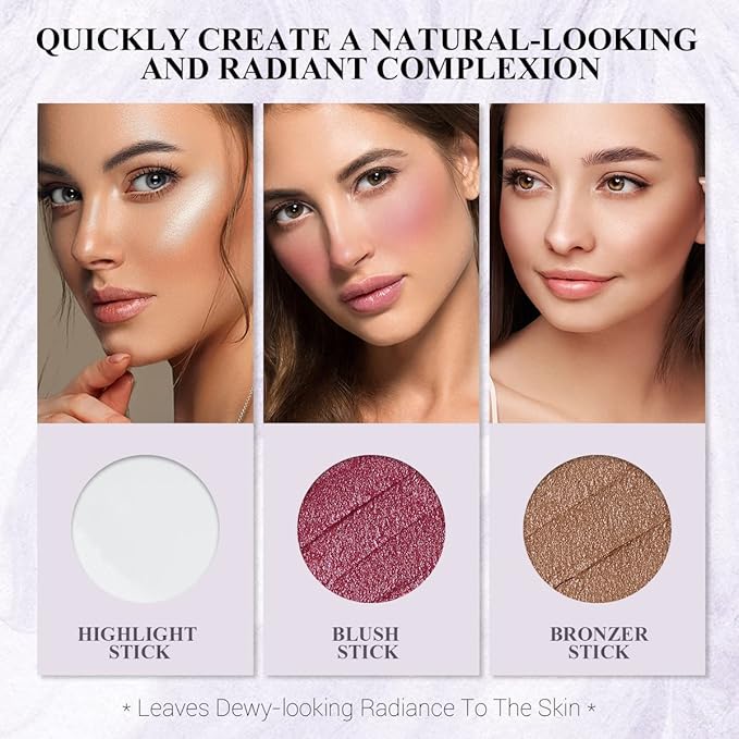 4Pcs Cream Blush Contour Highlighter Bronzer Moisturizer Stick Makeup Set #T Blush Glow3