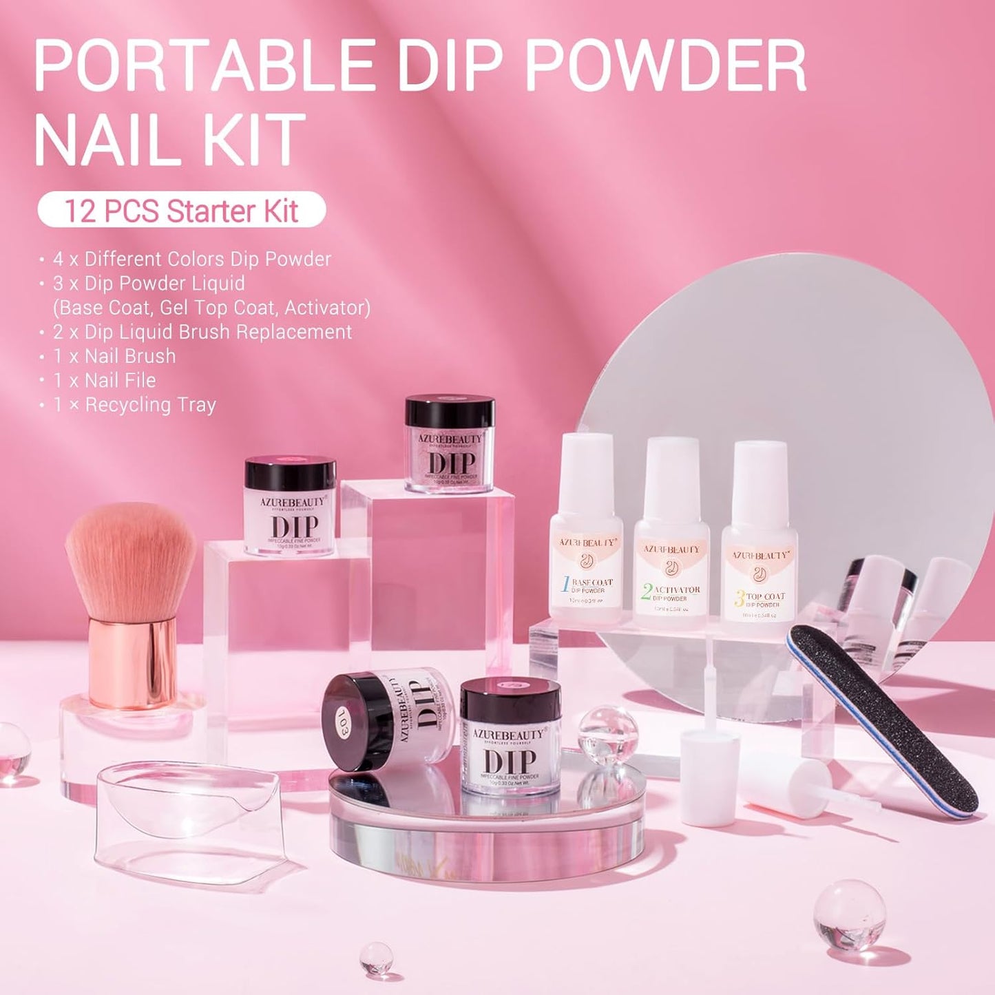 AZUREBEAUTY Dip Powder Nail Kit,4 Colors Nude Pink Glitter Hues,Starter Set for French Nails & All Seasons,Includes Base Coat, Top Coat, Activator & DIY Salon Liquids