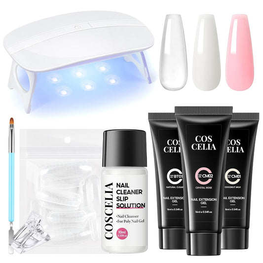 COSCELIA Poly Nail Gel Kit Starter Kit with U V Lamp 3PC Coscelia Poly Extension Gel for Beginners Clear Pink White Nail Art Quick Building Gel Manicure Kits Gift for Women DIY at Home