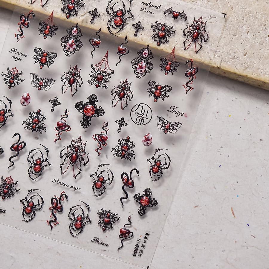 Halloween Nail Art Stickers 5D Embossed Gothic Spider Nail Stickers, Self-Adhesive Durable Nail Art Decals for Women Girls, Nail Wraps Decoration Manicure for DIY Acrylic Nail Accessories