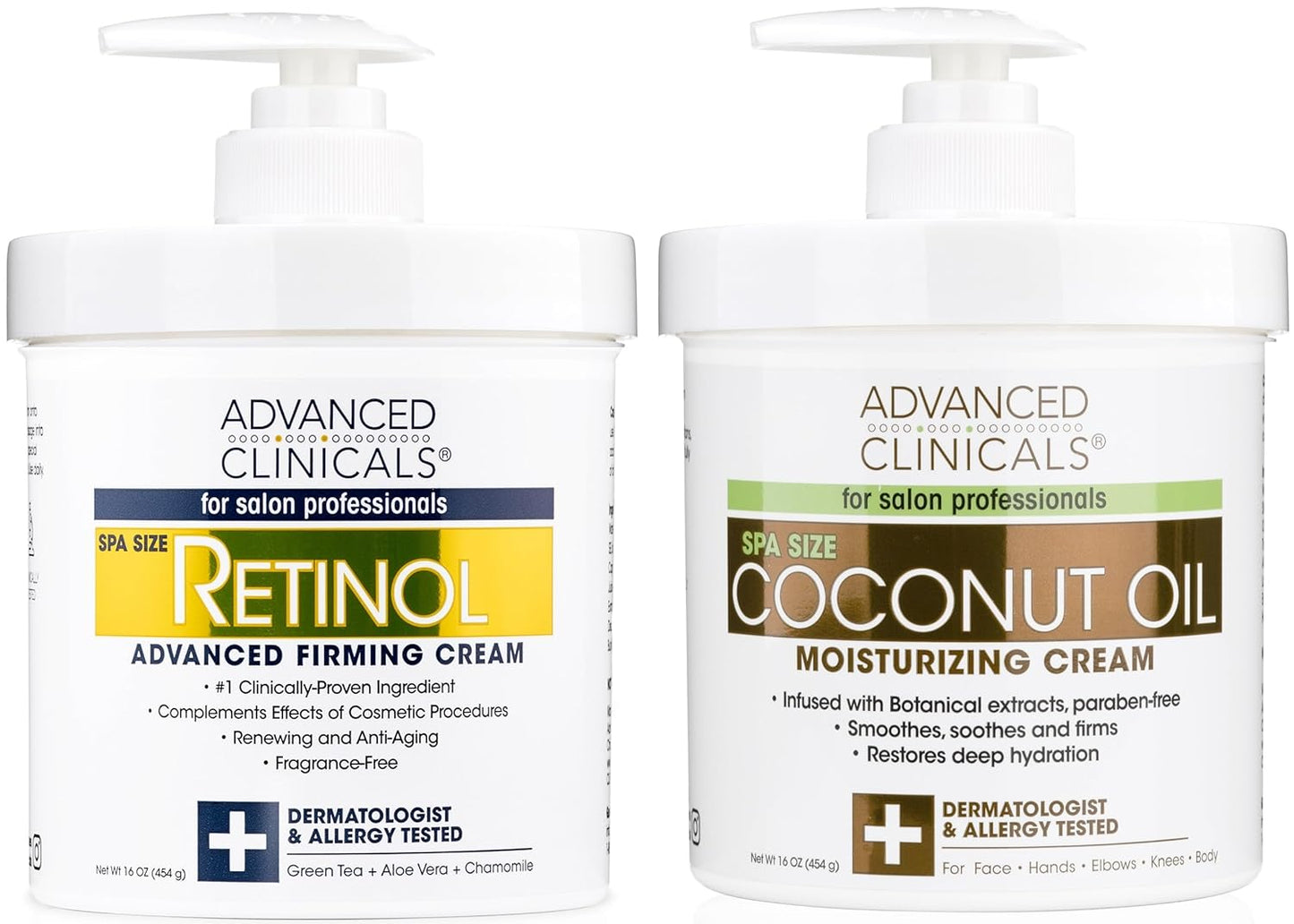 Advanced Clinicals Retinol Body Lotion + Coconut Oil Cream 2pc Set | Moisturizer Face Lotion & Body Cream | Crepey Skin Care Treatment | Coconut Body Lotion + Retinol Cream Targets Crepe Skin, 2pc