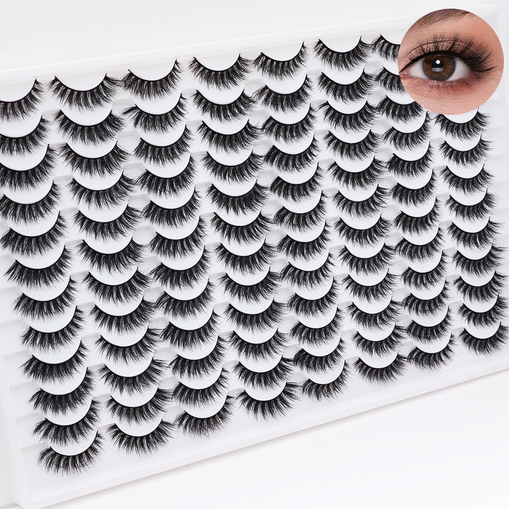 False Eyelashes 48 Pairs Faux Mink Lashes 14mm Wispy Lashes 3D Fluffy Cat Eye Lashes Pack Bulk Wholesale Strip Lashes(style 48-034)