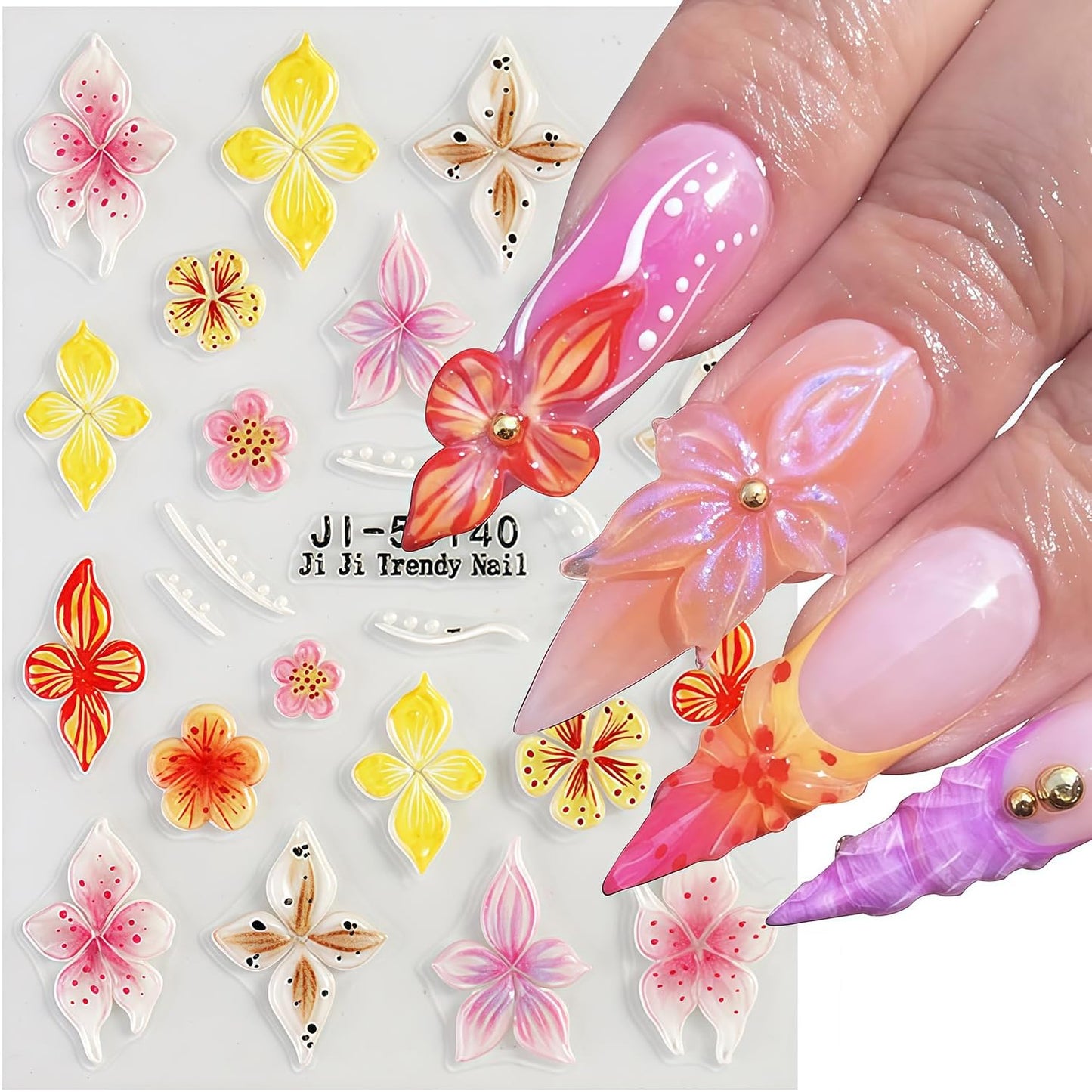 Flower Nail Stickers for Nail Art Hawaiian Flowers Nail Decals 5D Self-Adhesive Embossed Floral Summer Nails Art Design Sticker Beach DIY Acrylic Salon Manicure Decoration Kit for Women